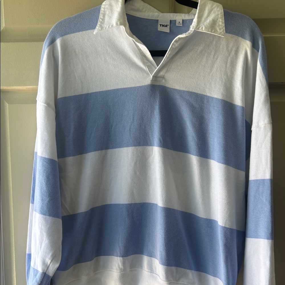 TNA Men's Light Blue & White Striped Rugby Pullover